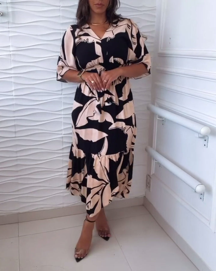 V-neck three-quarter sleeve drawstring elegant dress